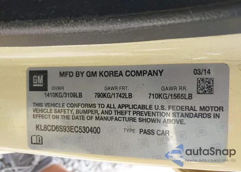 2014 Chevrolet Spark 1Lt Auto из США, поврежденный, VIN KL8CD6S93EC530400